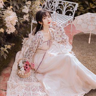 Spaghetti Strap Midi A-line Dress / Floral Print Cropped Light Jacket