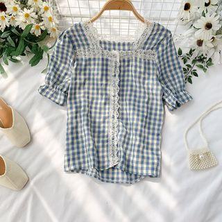 Short-sleeve Lace Trim Square-neck Plaid Top