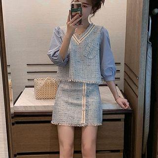 Set: V-neck 3/4-sleeve Tweed Top + Buttoned A-line Mini Skirt