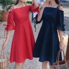 Cold-shoulder Strappy Elbow-sleeve A-line Dress