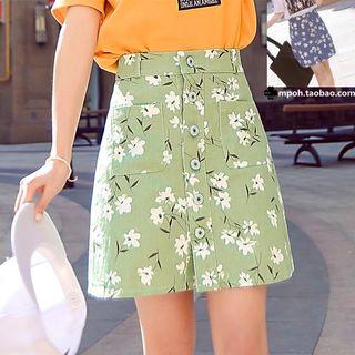 Buttoned Floral Print A-line Skirt