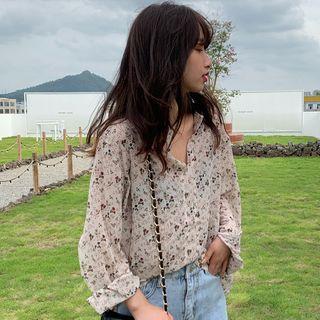 Long-sleeve Floral Print Blouse As Shown In Figure - One Size