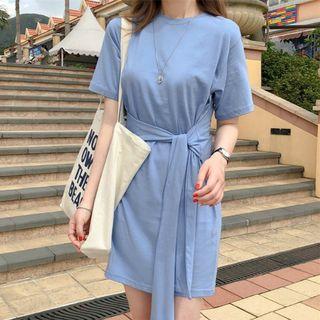 Short-sleeve Plain Tie-accent Dress Blue - One Size