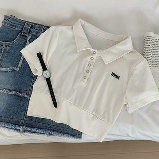 Short-sleeve Lettering Crop Polo Shirt White - One Size