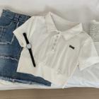 Short-sleeve Lettering Crop Polo Shirt White - One Size