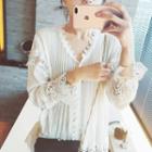 Crochet Lace Trim V-neck Long-sleeve Blouse