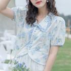 Puff-sleeve Collar Floral Blouse / Ruffled Midi A-line Skirt