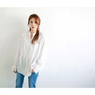 Frill-cuff Shirred Blouse