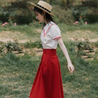 Set: Contrast Trim Short-sleeve Blouse + Midi A-line Skirt