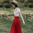 Set: Contrast Trim Short-sleeve Blouse + Midi A-line Skirt