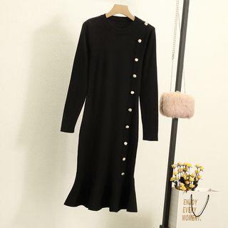 Buttoned Ruffle Hem Knit Sheath Dress Black - One Size