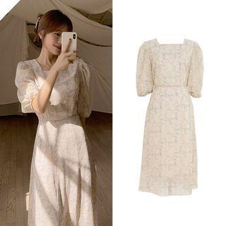 Puff-sleeve Square Neck Floral Dress