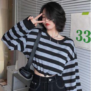 Crewneck Striped Long-sleeve Top As Shown In Figure - One Size