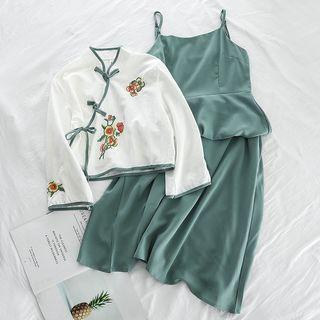 Set: Hanfu Long-sleeve Top + Strappy Midi Dress