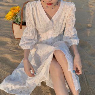 3/4-sleeve Dotted V-neck Midi A-line Dress