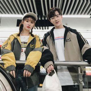 Couple Matching Color Block Zip Hooded Jacket