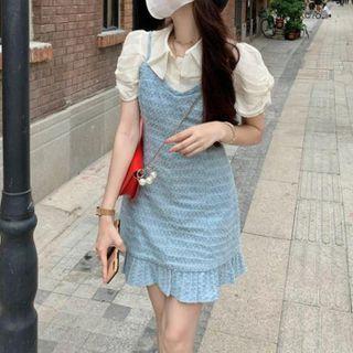 Puff-sleeve Shirt / Spaghetti Strap Frill Trim Mini A-line Dress