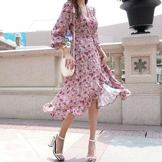 Frill-trim Floral Midi Wrap Dress