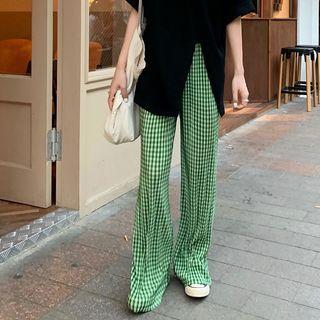 High Waist Gingham Wide Leg Pants Green - One Size