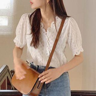 V-neck Short-sleeve Eyelet Top