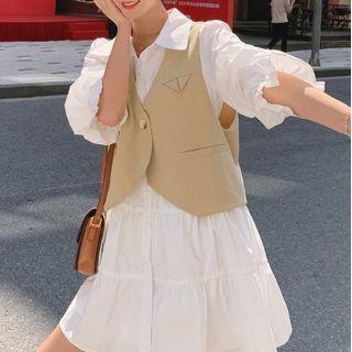 Lantern Sleeve A-line Shirt Dress / Plain Vest