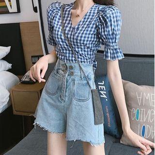 Set: Smocked Cuff V-neck Check Top + High Waist Denim Shorts