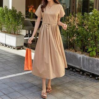 Drawstring-waist Pintuck-trim Dress