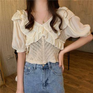 Puff-sleeve Ruffled Knit Panel Blouse