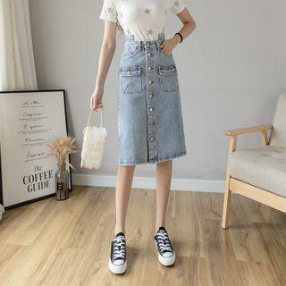 High-waist Button Denim Midi Straight-fit Skirt