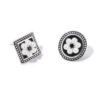 Flower Faux Pearl Asymmetrical Alloy Earring 1 Pair - Black & Silver - One Size