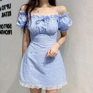 Puff-sleeve Off-shoulder Lace Trim Check Mini A-line Dress