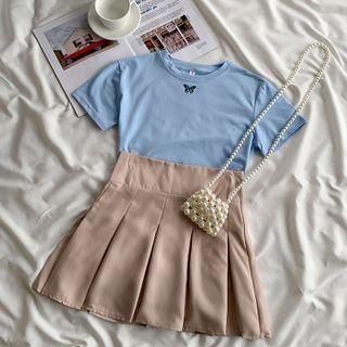 A-line Accordion Pleat Skirt / Butterfly Embroidered Shirt ( Various Designs )
