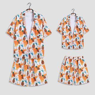 Set: Short-sleeve Pineapple Print Hawaiian Shirt + Shorts