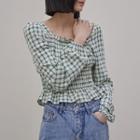 Frilled Smocked-trim Plaid Crop Top