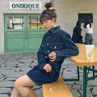 Flap-pocket Denim Mini Shirtdress Indigo - One Size