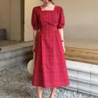 Square-neck Plaid Short-sleeve Midi A-line Dress Red - One Size