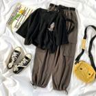 Elbow-sleeve Bear Embroidered T-shirt / Wide-leg Cargo Pants