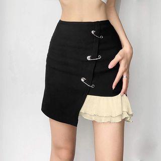 High Waist Safety Pin Accent Mini Pencil Skirt