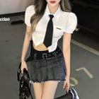 Distressed Denim Mini Pencil Skirt / Puff-sleeve Crop Shirt / Tie / Set