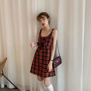 Plaid Spaghetti Strap A-line Dress Plaid - Red & Black - One Size