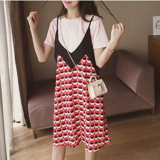 Set : Patterned Spaghetti Strap Dress + Short-sleeve T-shirt