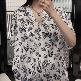 Butterfly Patterned Short-sleeve Button-down Shirt