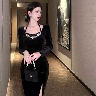 Long-sleeve Halter-neck Rhinestone Slit Sheath Dress