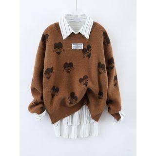 Heart Print Sweater / Striped Shirt