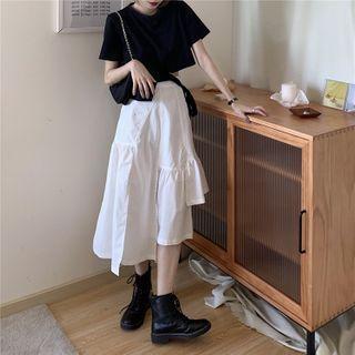 Short-sleeve Plain Cut-out T-shirt / Asymmetrical Hem Skirt