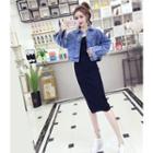 Buttoned Denim Jacket / Plain Spaghetti Strap Knit Dress