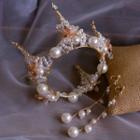 Wedding Set: Faux Pearl Tiara + Dangle Earring 1 Pair - Earring & Tiara - White - One Size