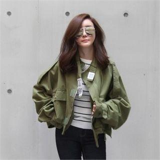 Drop-shoulder Pocket-front Jacket Khaki - One Size