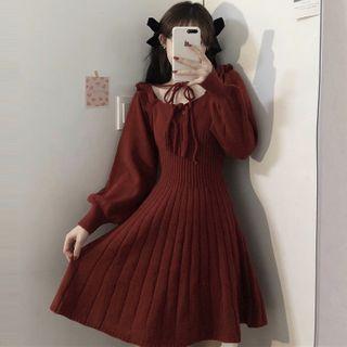 Off-shoulder Midi A-line Knit Dress Red - One Size