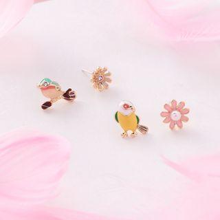 Non-matching Glaze Bird & Flower Earring A - 1 Pair - Birds - One Size